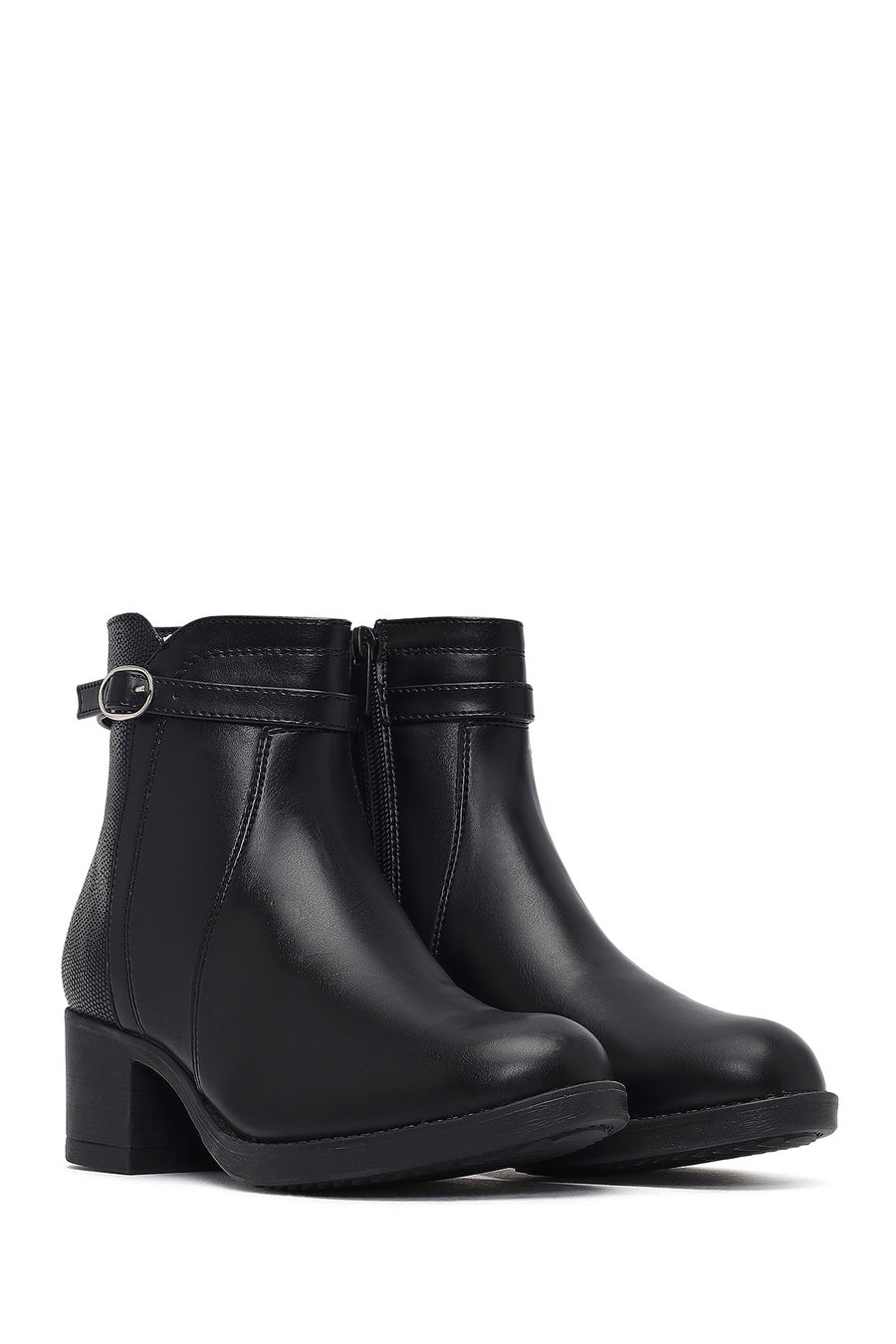 Woman Black Zippered Thick Heel Boots