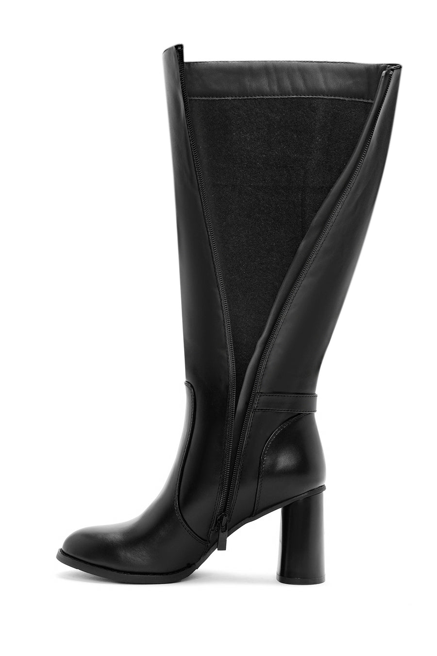 Woman Black Zippered Thick Heeled Boots