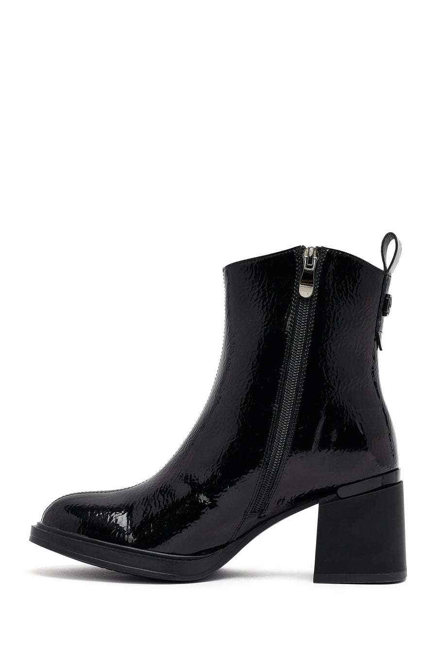 Woman Black Zippered Thick Heel Boots
