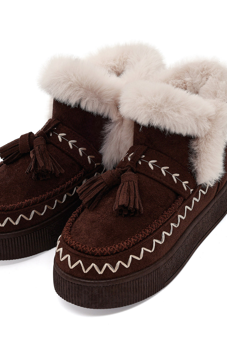 Women's Brown Chunky Sole Tassel Suede Teddy Boots