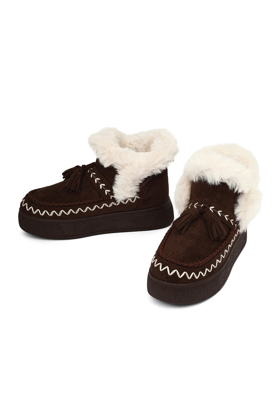 Women's Brown Chunky Sole Tassel Suede Teddy Boots