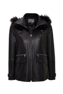 Chantal Women's Black Hooded Fur Oversize Leather Coat | Derimod