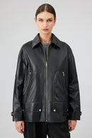 Rosalin Women's Black Shirt Collar Oversize Leather Jacket | Derimod