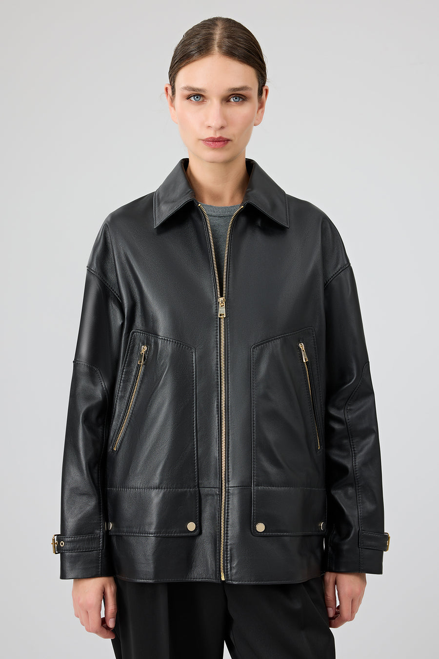 Rosalin Women's Black Shirt Collar Oversize Leather Jacket