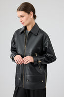 Rosalin Women's Black Shirt Collar Oversize Leather Jacket | Derimod