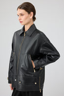 Rosalin Women's Black Shirt Collar Oversize Leather Jacket | Derimod