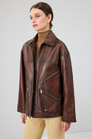 Claris Women's Brown Shirt Collar Oversize Leather Jacket | Derimod