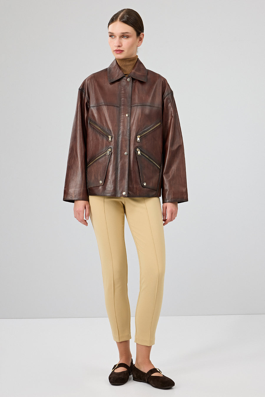 Claris Women's Brown Shirt Collar Oversize Leather Jacket