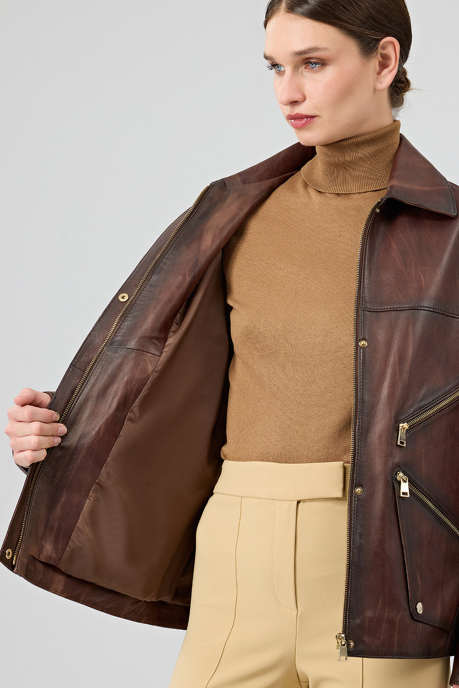 Claris Women's Brown Shirt Collar Oversize Leather Jacket