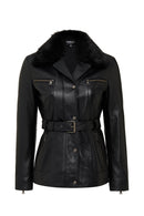 Edith Women's Black Collar Fur Leather Jacket | Derimod