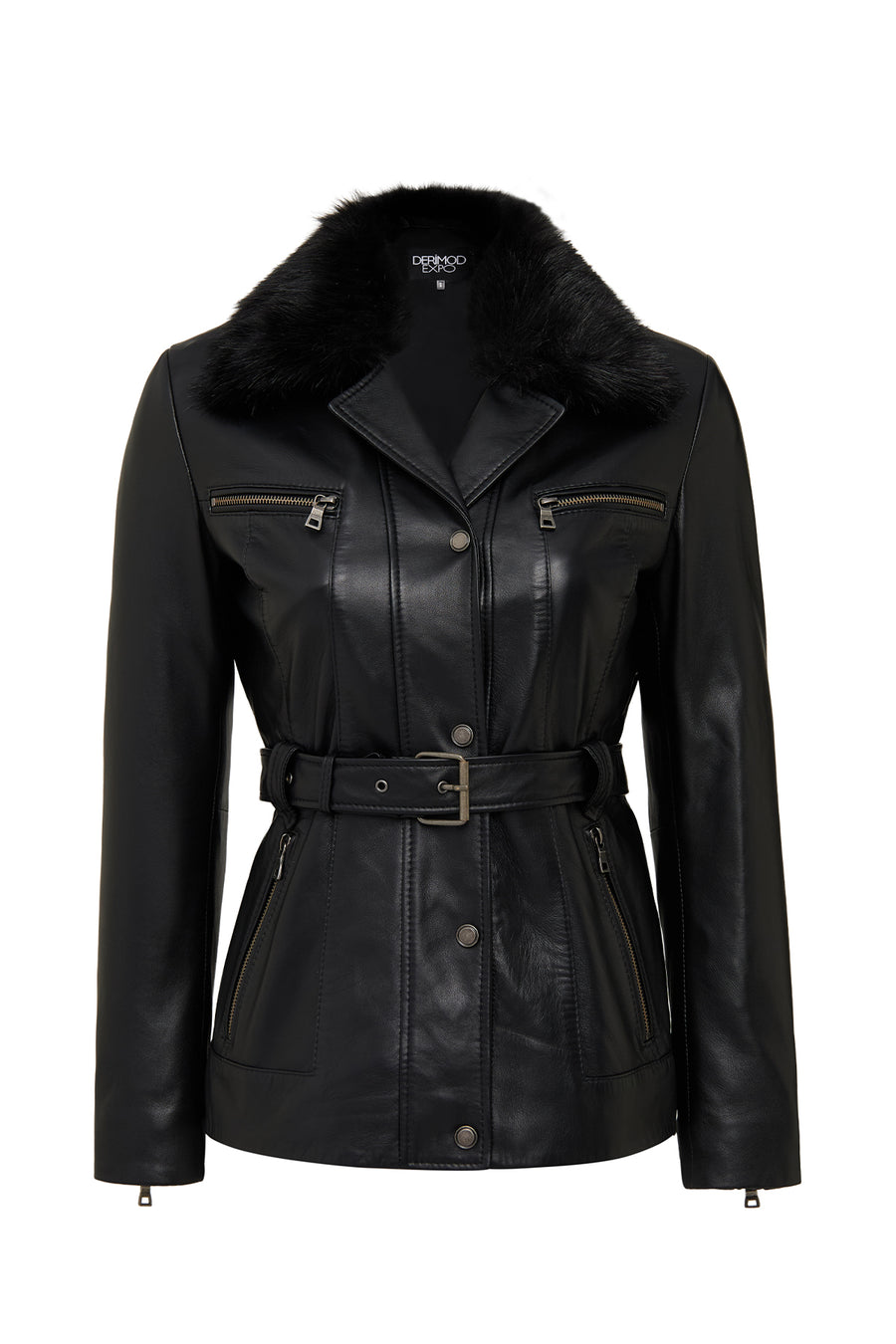 Edith Women's Black Collar Fur Leather Jacket 25WGE56161M | Derimod