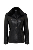 Edith Women's Black Collar Fur Leather Jacket | Derimod
