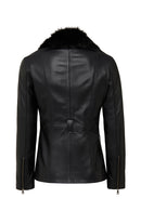 Edith Women's Black Collar Fur Leather Jacket | Derimod