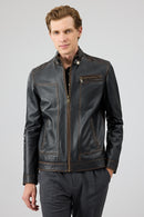Felibe Men Black Stand Collar Vintage Leather Jacket | Derimod