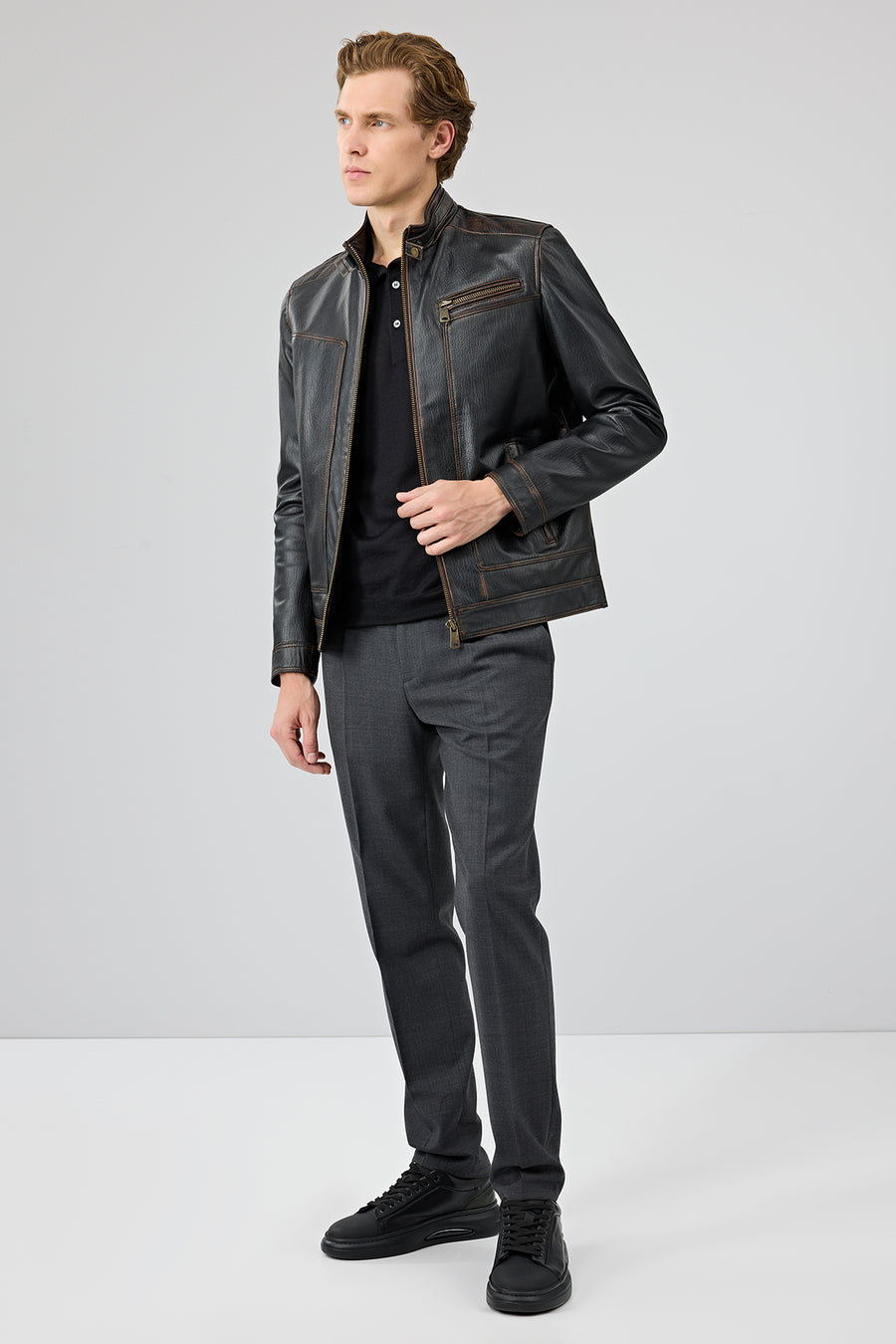 Felibe Men Black Stand Collar Vintage Leather Jacket