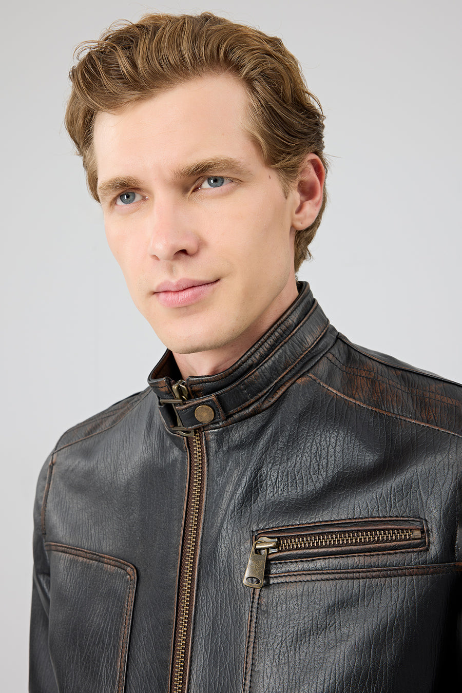 Felibe Men Black Stand Collar Vintage Leather Jacket