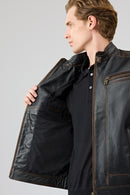 Felibe Men Black Stand Collar Vintage Leather Jacket | Derimod