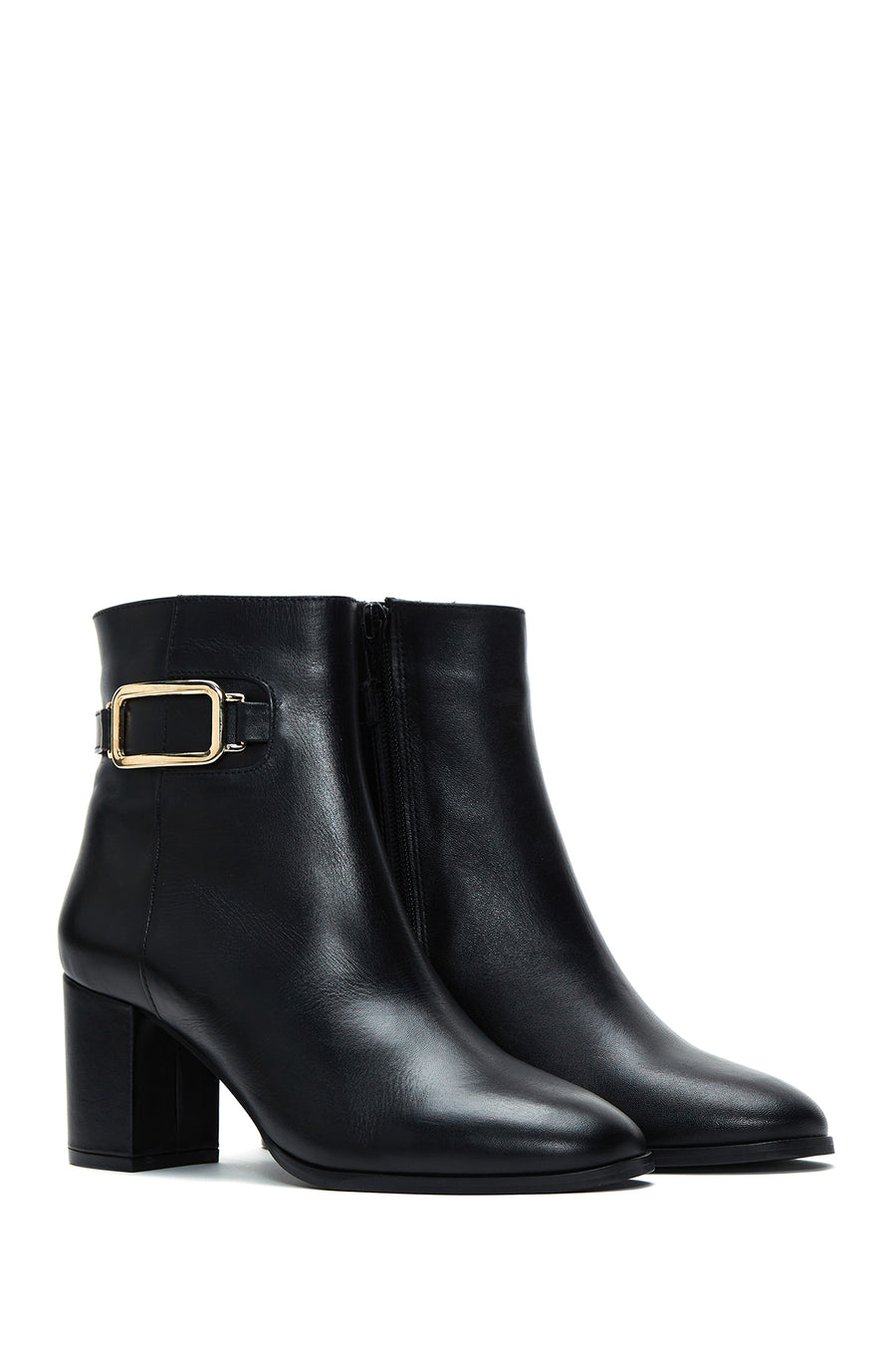 Women's Black Leather Buckle Heeled Classic Boots
