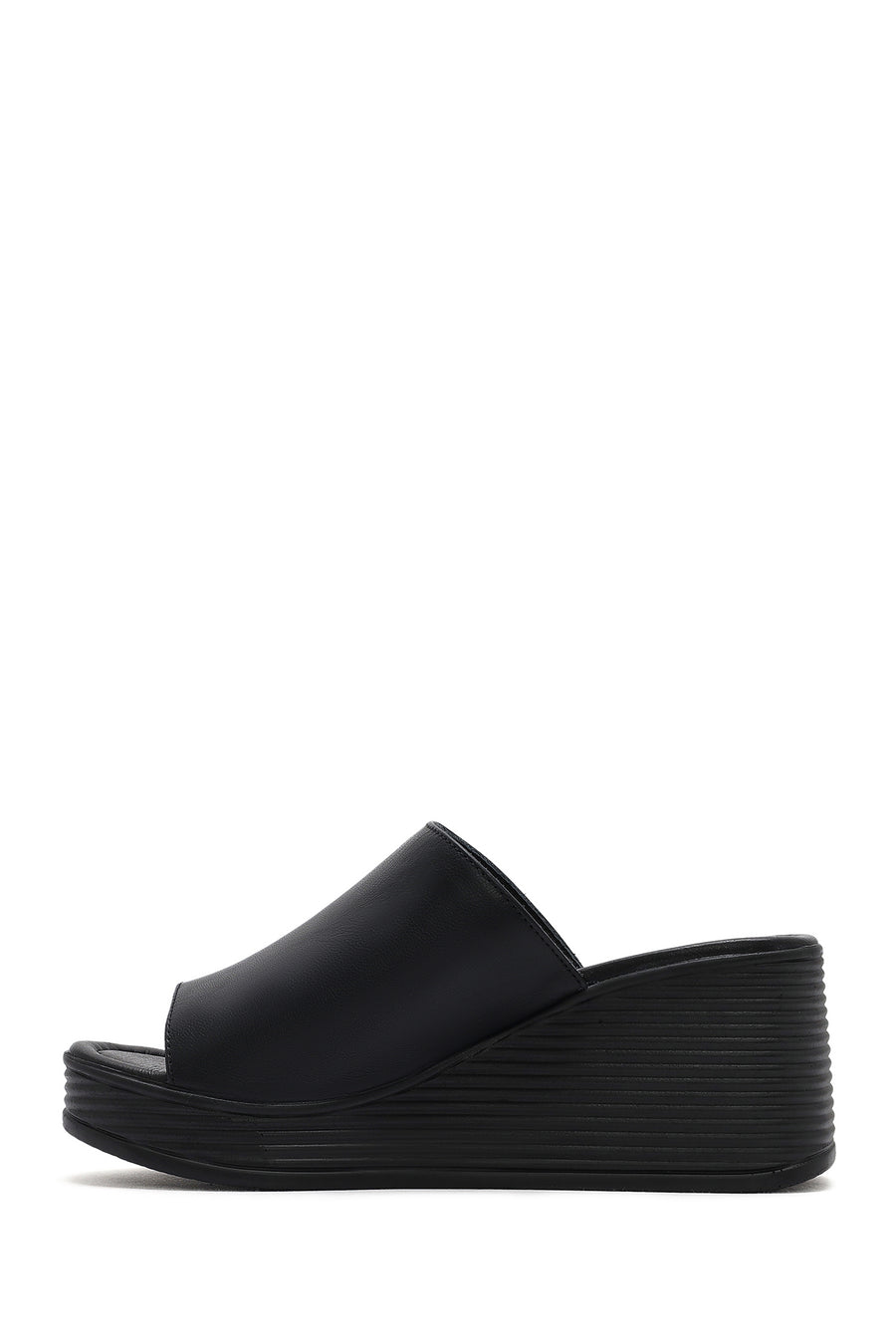 Women's Black Wedge Heeled Leather Slippers