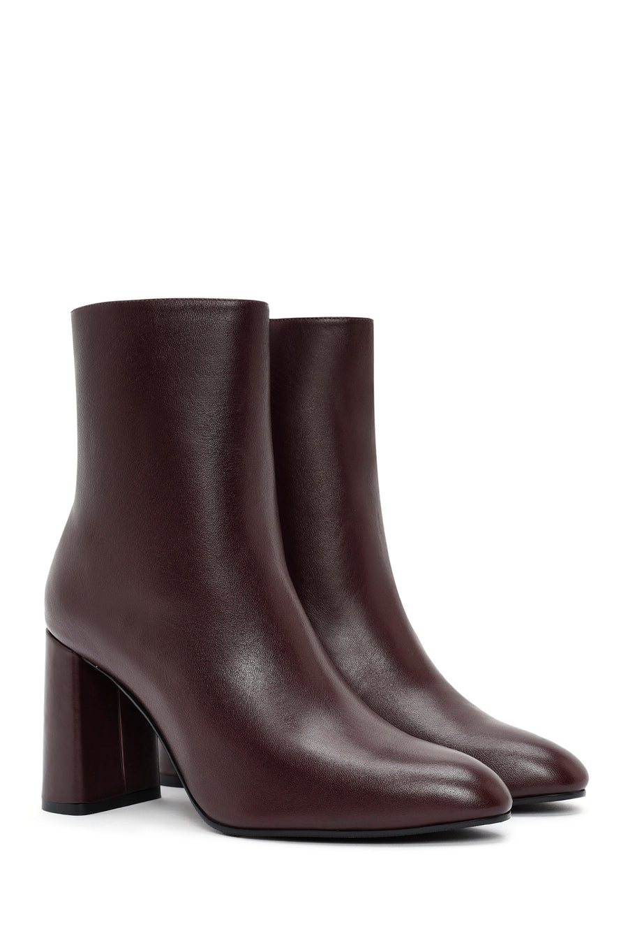 Women's Burgundy Zippered Thick High Heel Leather Boots
