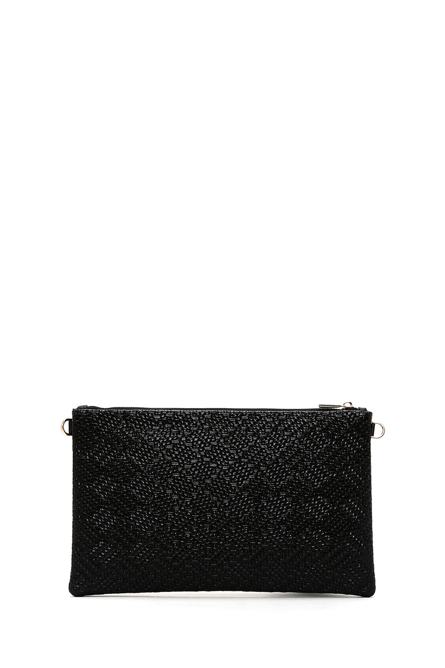 Women's Black Long Chain Strap Woven Clutch Bag