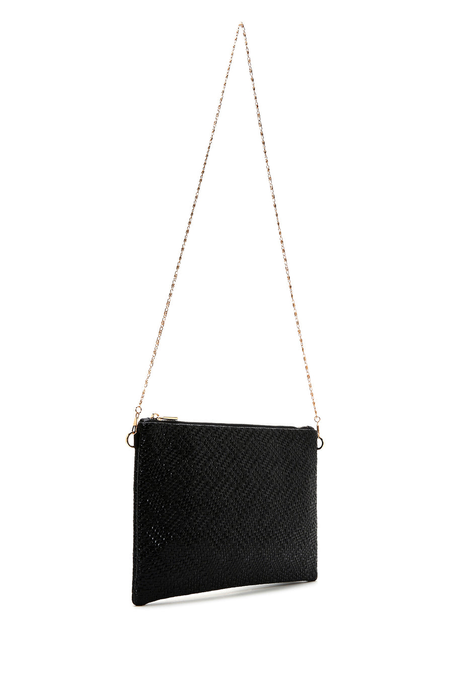 Women's Black Long Chain Strap Woven Clutch Bag