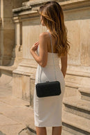 Woman Black Long Chain-Strap Rhinestone Evening Mini Clutch Bag | Derimod