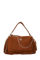 Woman Brown Suede Shoulder Bag with Tassels and a Long Chain Strap | Derimod