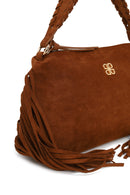 Woman Brown Suede Shoulder Bag with Tassels and a Long Chain Strap | Derimod