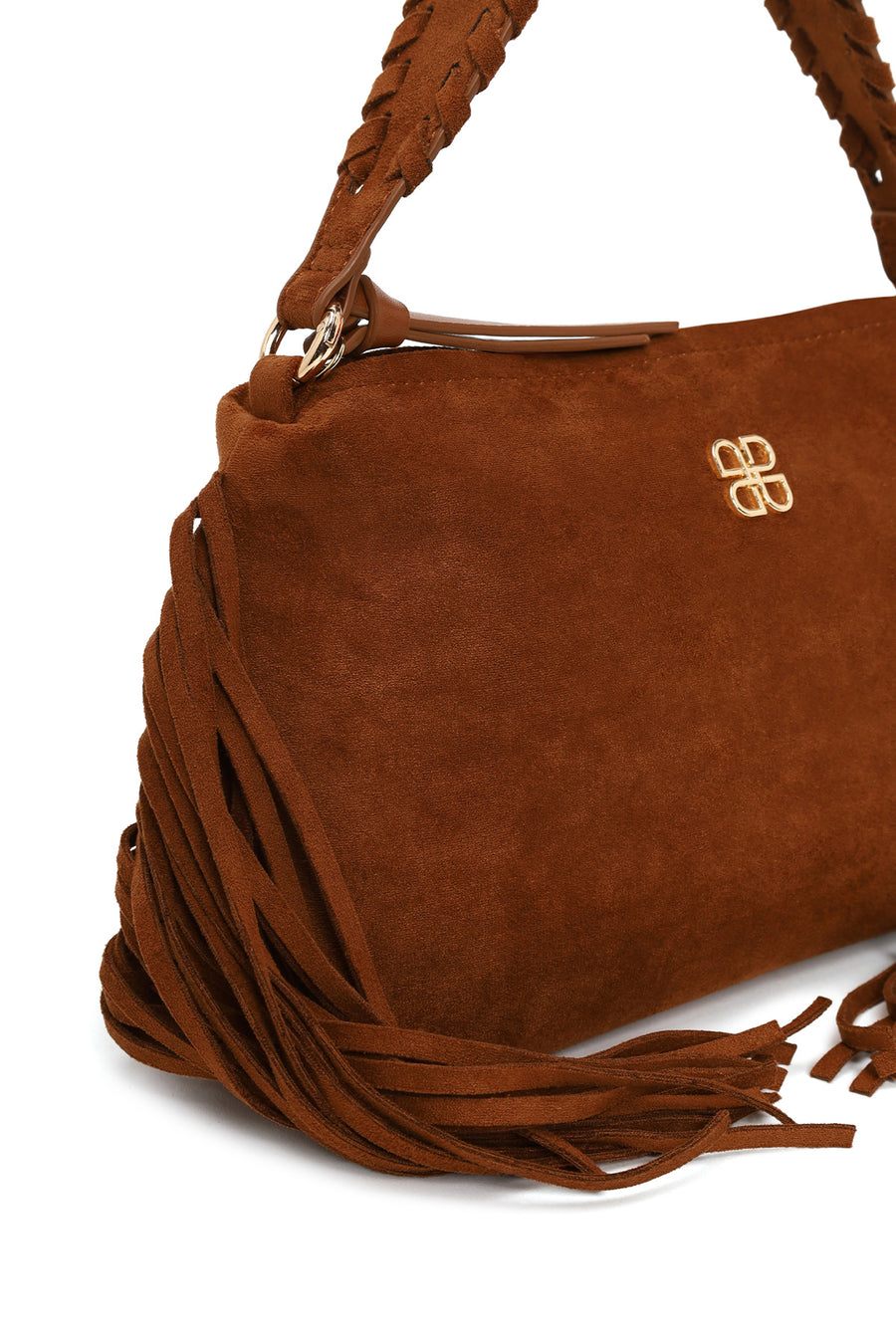 Woman Brown Suede Shoulder Bag with Tassels and a Long Chain Strap