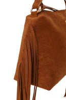 Woman Brown Suede Shoulder Bag with Tassels and a Long Chain Strap | Derimod