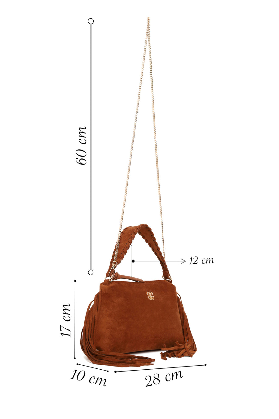 Woman Brown Suede Shoulder Bag with Tassels and a Long Chain Strap