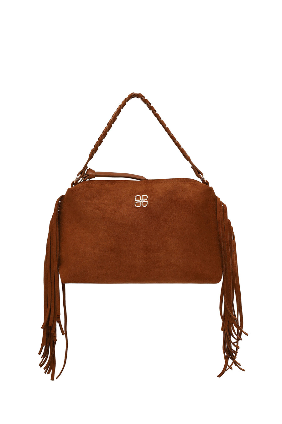 Woman Brown Suede Shoulder Bag with Tassels and a Long Chain Strap