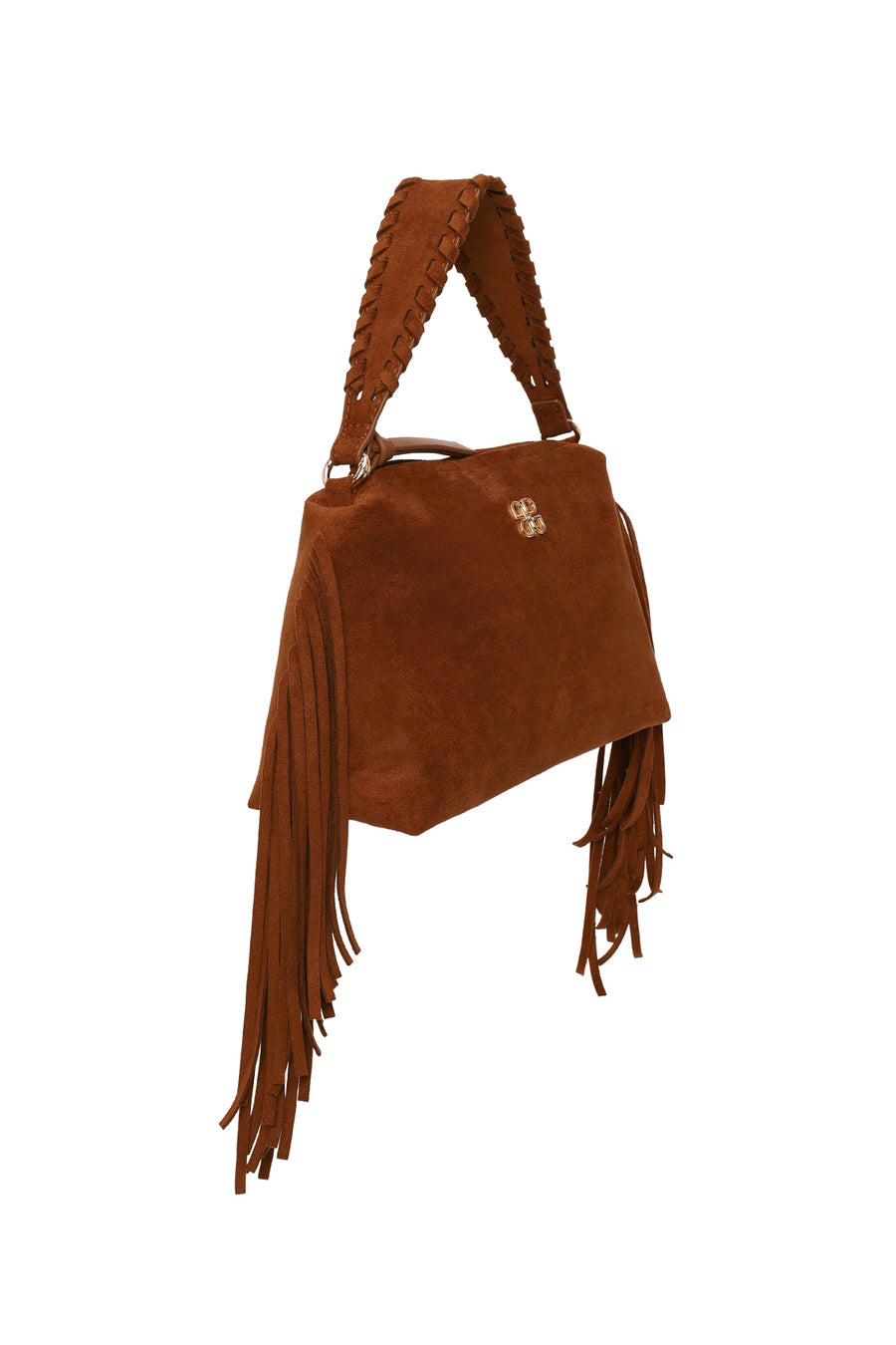 Woman Brown Suede Shoulder Bag with Tassels and a Long Chain Strap