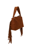 Woman Brown Suede Shoulder Bag with Tassels and a Long Chain Strap | Derimod