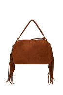 Woman Brown Suede Shoulder Bag with Tassels and a Long Chain Strap | Derimod