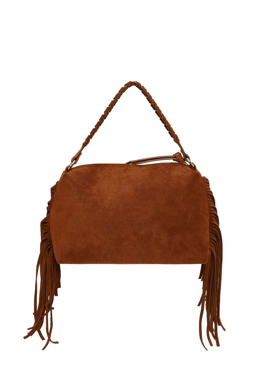 Woman Brown Suede Shoulder Bag with Tassels and a Long Chain Strap
