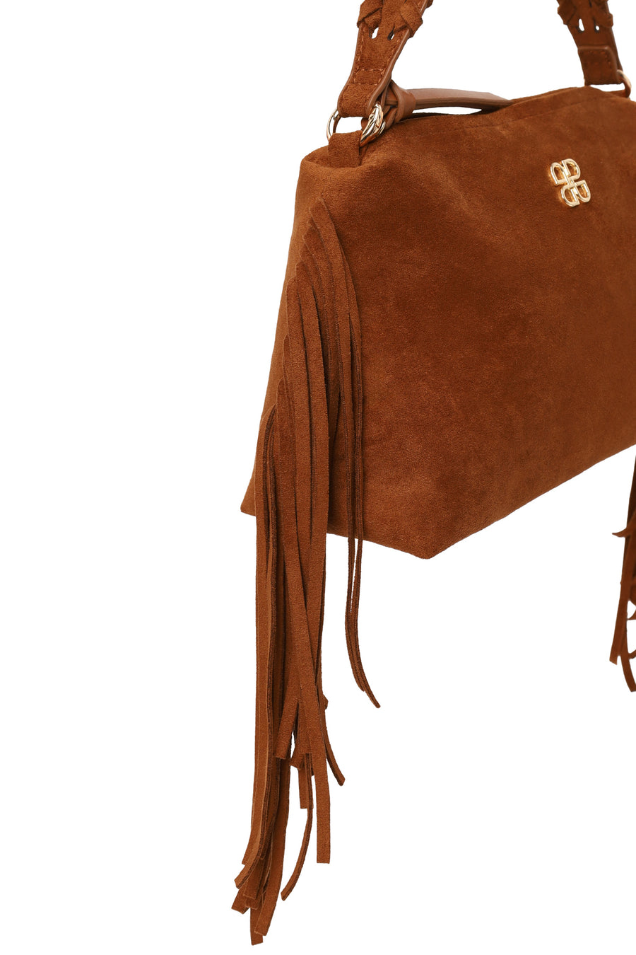 Woman Brown Suede Shoulder Bag with Tassels and a Long Chain Strap