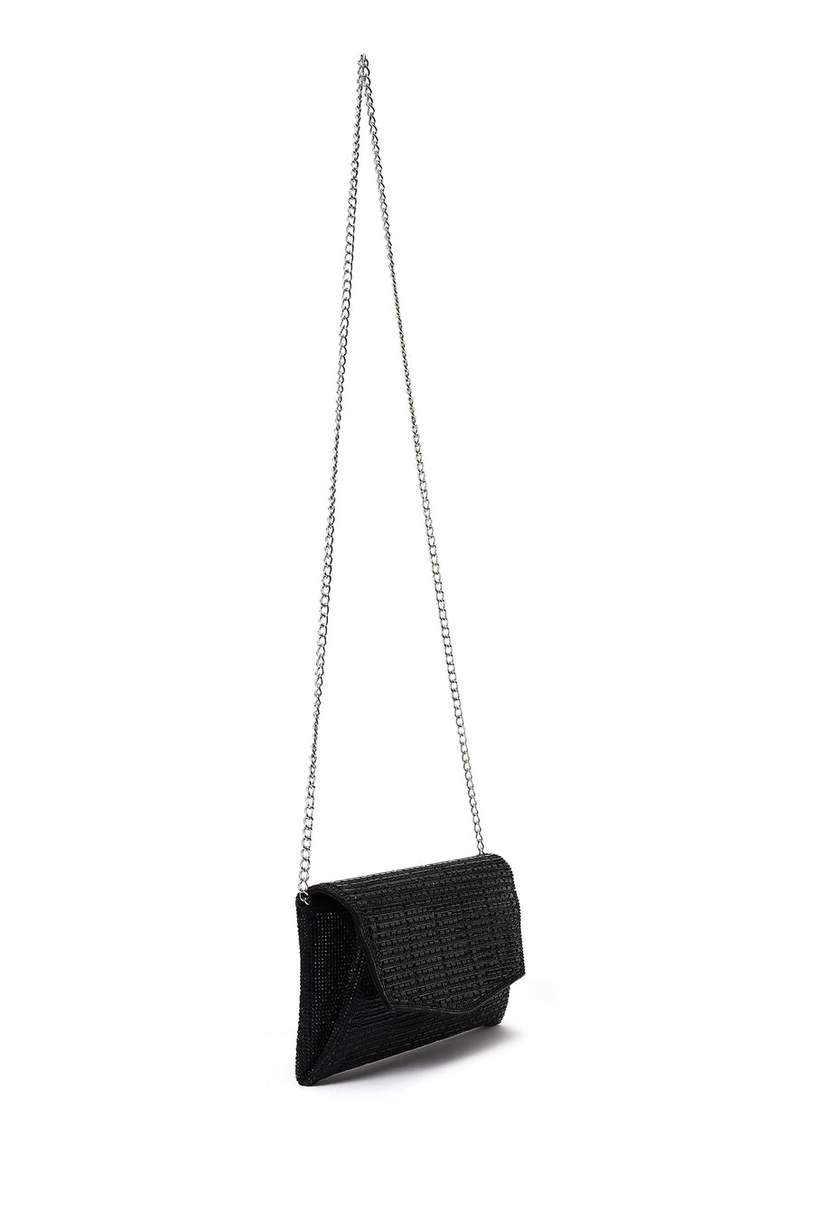 Women's Black Long Chain Strap Embellished Mini Evening Clutch Bag