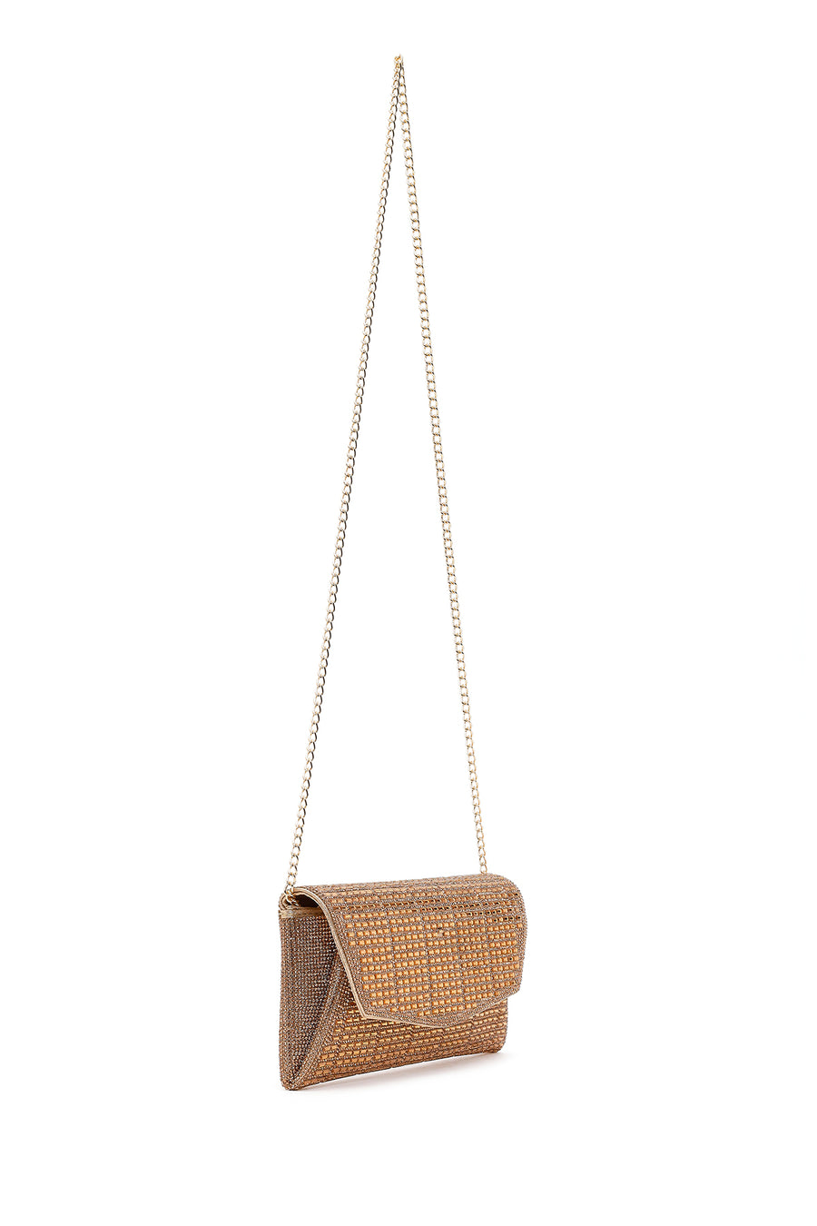 Women's Gold Long Chain Strap Embellished Mini Evening Clutch Bag