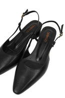 Women's Black Open Back Short Chunky Heel Leather Ballet Flats | Derimod
