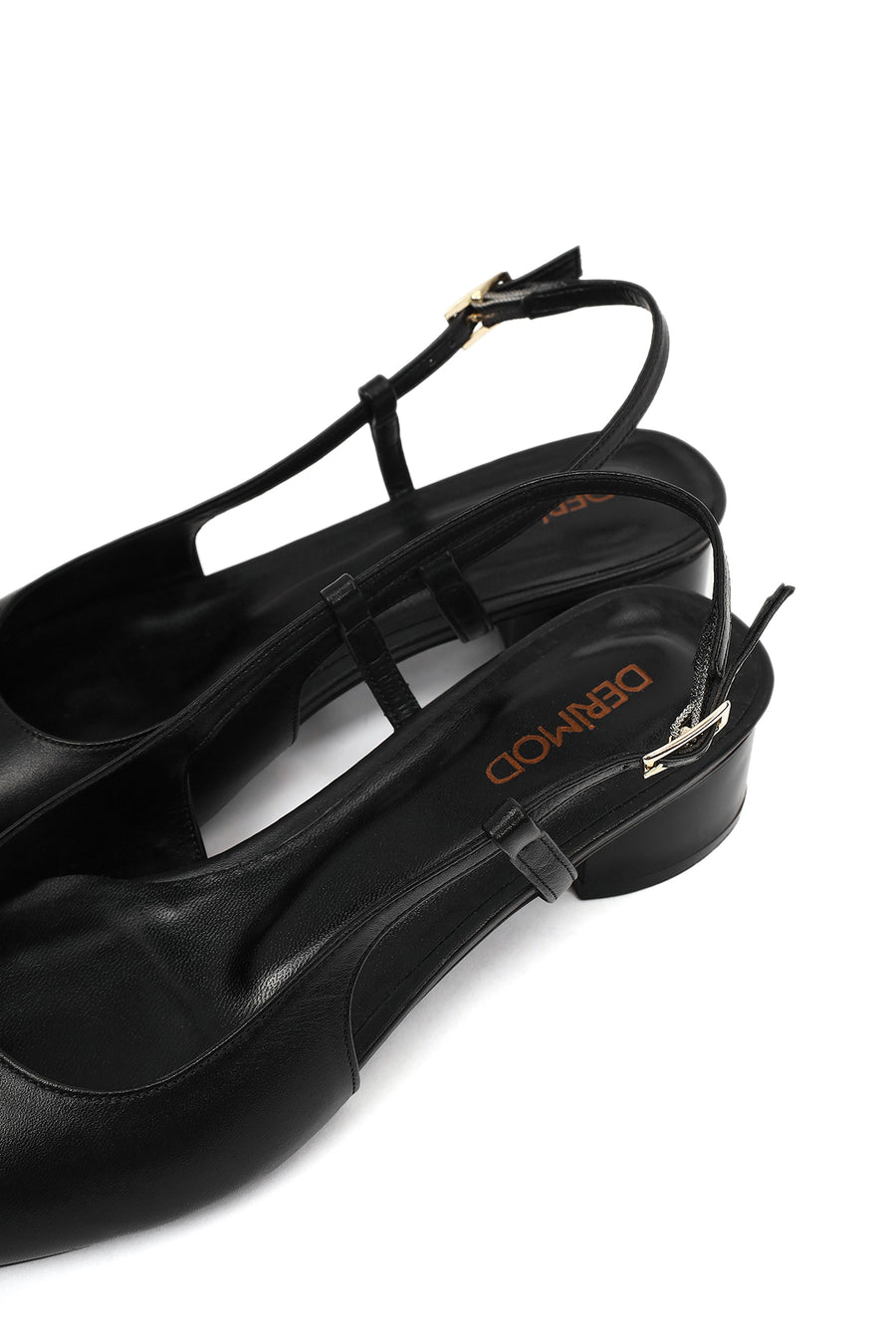 Women's Black Open Back Short Chunky Heel Leather Ballet Flats
