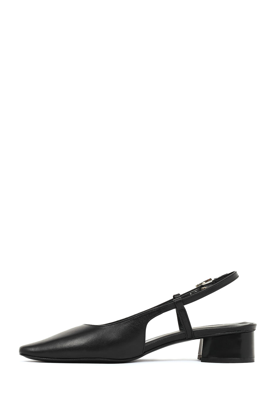 Women's Black Open Back Short Chunky Heel Leather Ballet Flats