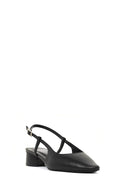 Women's Black Open Back Short Chunky Heel Leather Ballet Flats | Derimod