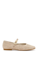 Women's Beige Buckle Suede Leather Ballet Flats | Derimod