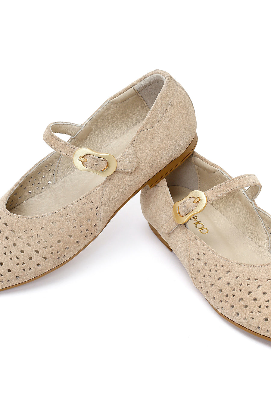 Women's Beige Buckle Suede Leather Ballet Flats