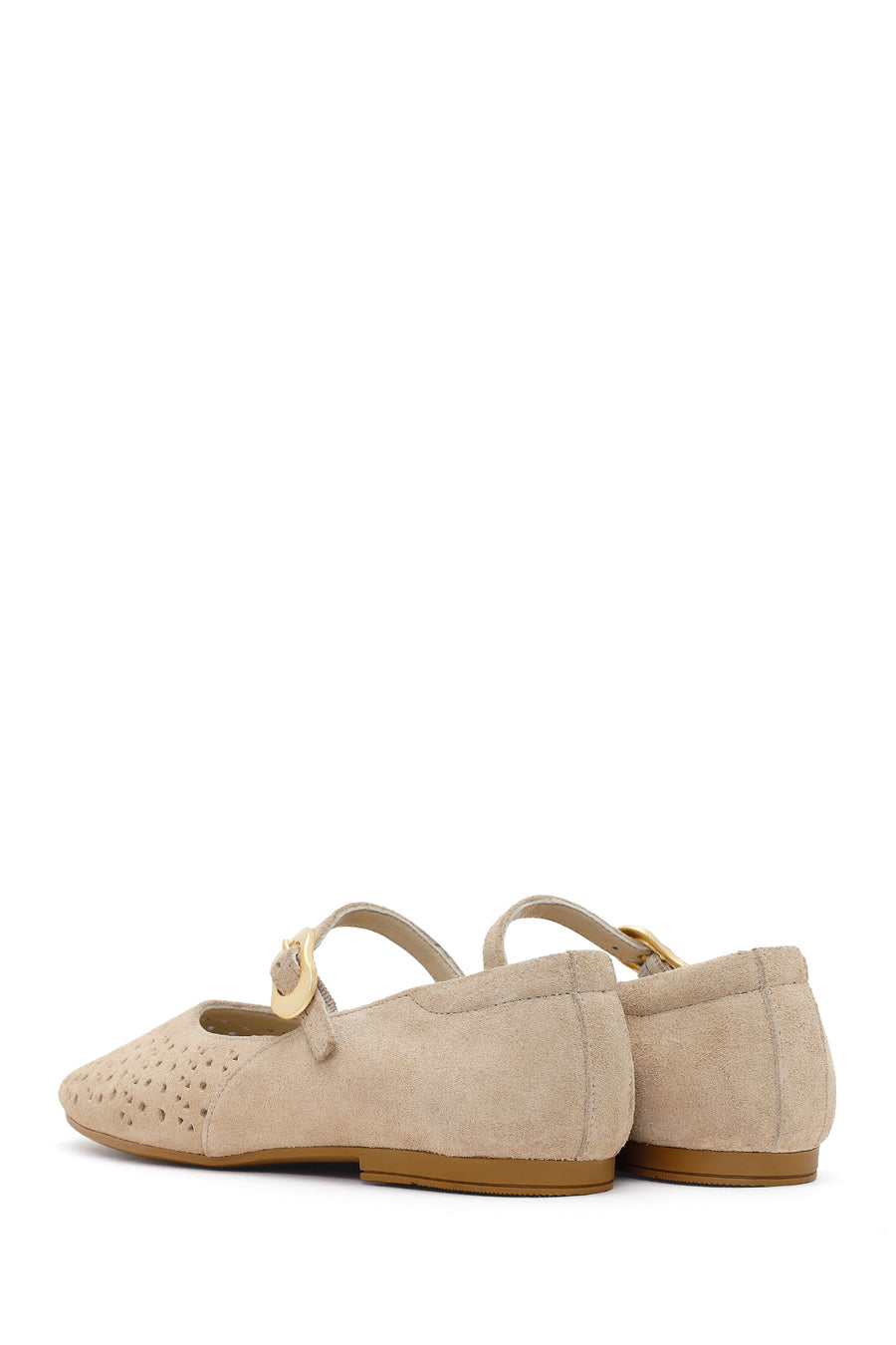 Women's Beige Buckle Suede Leather Ballet Flats