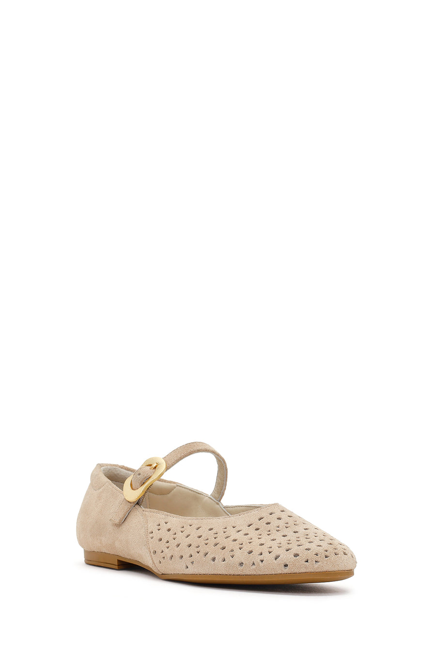 Women's Beige Buckle Suede Leather Ballet Flats