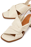 Woman Cream Short Thick-Heeled Leather Sandal | Derimod