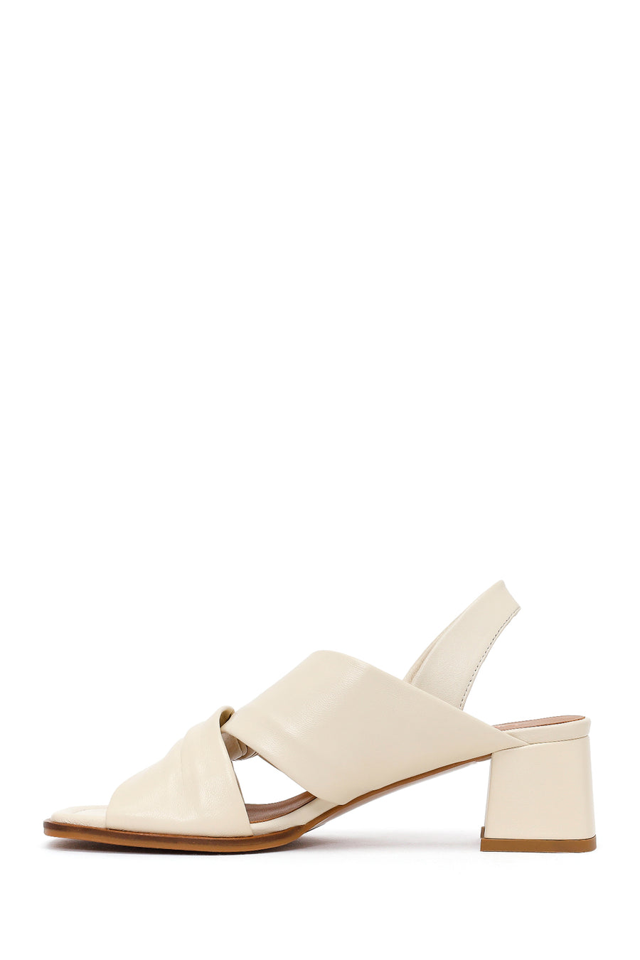 Woman Cream Short Thick-Heeled Leather Sandal